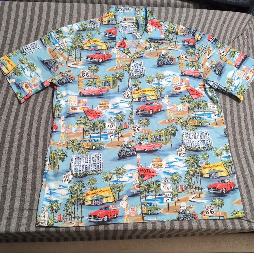 Aloha Republic Men’s Route 66 Blue Cotton Motel Hollywood Hawaiian Shirt XL